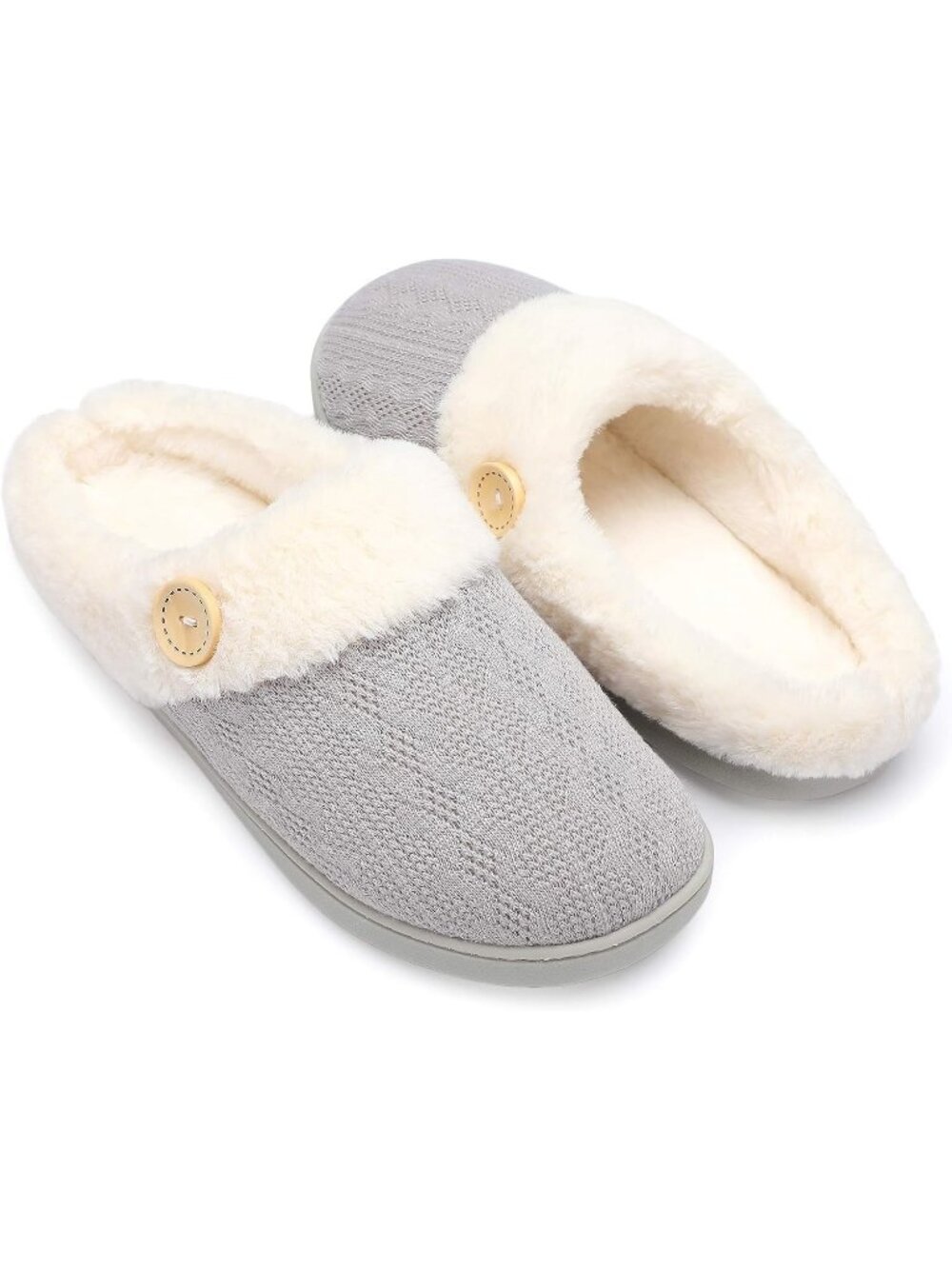 Women's Grey Warm Comfy Memory Foam Knitted Shoes Faux Fur Lined Slippers